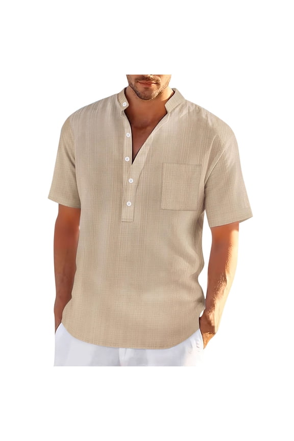 Men Henley Shirts Casual Short Sleeve Stand Collar Pullover Tops Summer Button Up Linen T-Shirts with Pocket