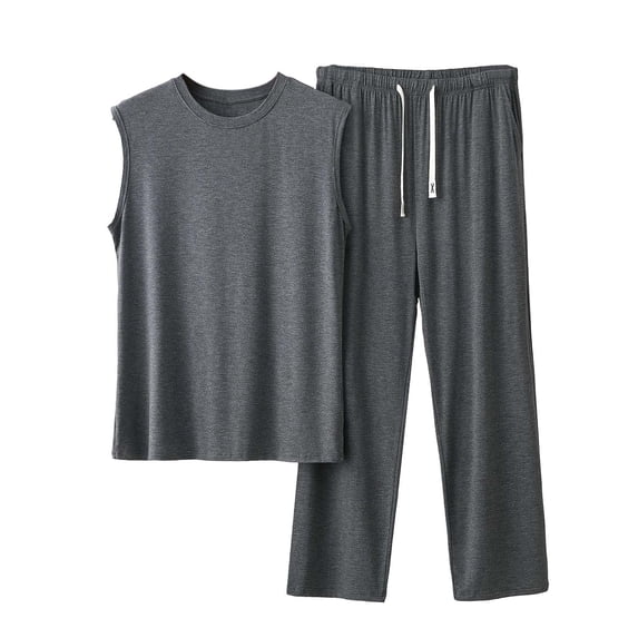 Ohufall Men's 2 Piece Modal Lounge Set Sleeveless Crew Neck Top with Drawstring Long Pants Casual Summer Outfit