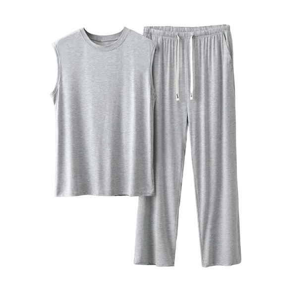 Ohufall Men's 2 Piece Modal Lounge Set Sleeveless Crew Neck Top with Drawstring Long Pants Casual Summer Outfit
