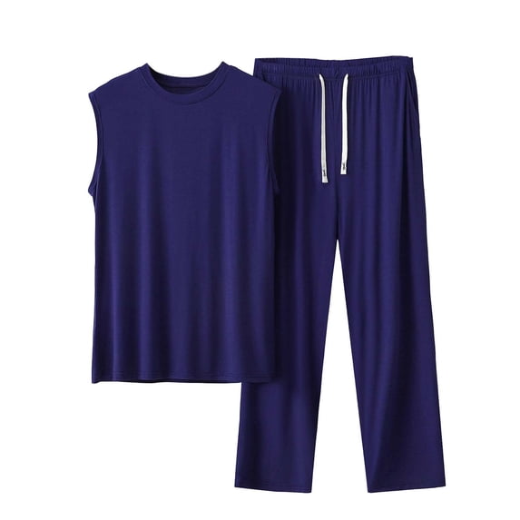 Ohufall Men's 2 Piece Modal Lounge Set Sleeveless Crew Neck Top with Drawstring Long Pants Casual Summer Outfit