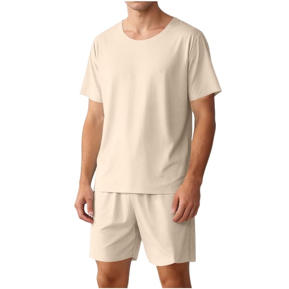 Ohufall Men's 2 Piece Pajama Set Soft Short Sleeve Crewneck Casual T Shirt and Drawstring Elastic-waist Shorts Lounge Sleep Sets