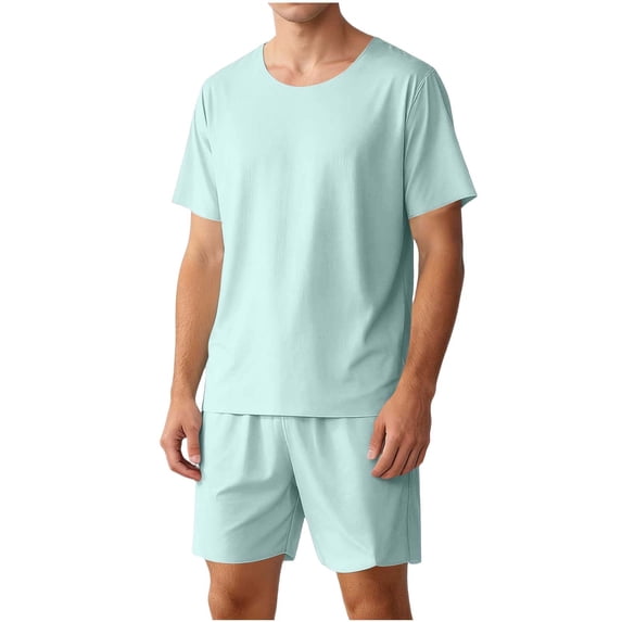 Ohufall Men's 2 Piece Pajama Set Soft Short Sleeve Crewneck Casual T Shirt and Drawstring Elastic-waist Shorts Lounge Sleep Sets