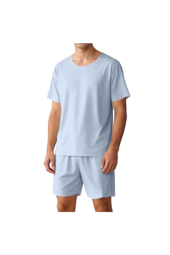 Men's 2 Piece Pajama Set Soft Short Sleeve Crewneck Casual T Shirt and Drawstring Elastic-waist Shorts Lounge Sleep Sets