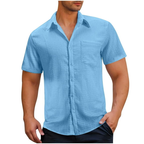 Ohufall Men's Button Down T-Shirts with Pocket Fashionable Casual Wave Wrinkle Cardigan Shirt Summer Solid Color Loose Short Sleeved Lapel Tees