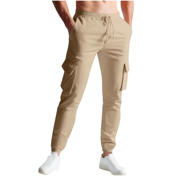 Ohufall Men's Cargo Pants Fashion Casual Elastic Waist Drawstring Harem Pants Plus Size Solid Color Multi-Pocket Jogger Pants for Men