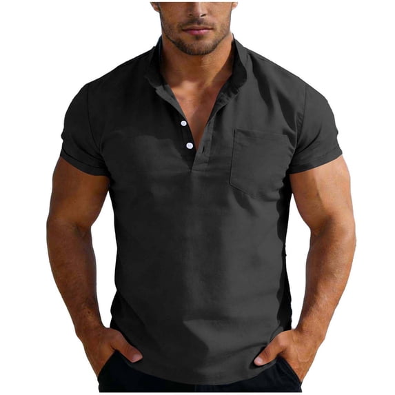 Ohufall Men's Cotton Linen Henley Shirt Short Sleeve Casual Beach Shirts Big And Tall Mens T-Shirts with Pockets
