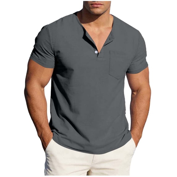 Ohufall Men's Cotton Linen Henley Shirt Short Sleeve Casual Beach Shirts Big And Tall Mens T-Shirts with Pockets