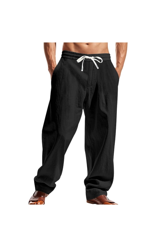 Men's Cotton Linen Pants Solid Casual Outdoor Beach Pants Fashion Relaxed Fit Drawstring Elastic High Waist Jogger Pants with Pockets