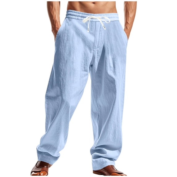 Ohufall Men's Cotton Linen Pants Solid Casual Outdoor Beach Pants Fashion Relaxed Fit Drawstring Elastic High Waist Jogger Pants with Pockets