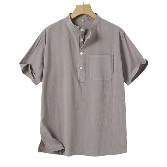Ohufall Men's Cotton Linen Pullover Shirts Short Sleeve Button Down Shirts Wrinkle Free Loose Fit Casual Vacation Beach Summer Tops