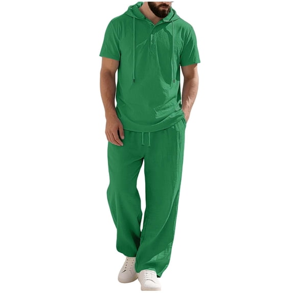 Ohufall Men's Cotton Linen Sets Solid Short Sleeved Button Hooded Top + Pocket Drawstring Fashion Long Pants Beach Casual Set