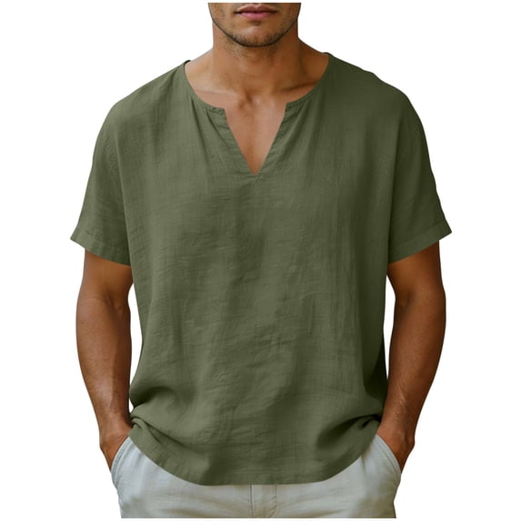 Ohufall Men's Cotton Linen T-Shirt V Neck Comfortable Tshirt Solid Breathable Beach Casual T-shirts