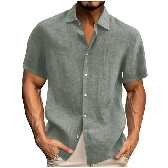 Ohufall Men's Cotton Linen T-Shirts Plus Size Solid Casual Short Sleeve Lapel Tee Tops Summer Lightweight Relaxed Fit Button Down Beach Shirts for Men