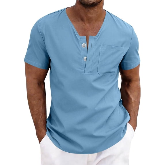 Ohufall Men's Henley Shirts Short Sleeve Button Linen T-Shirt Lightweight Fashion Casual Pullover Shirt