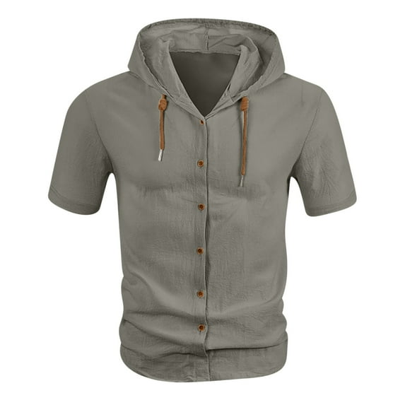 Ohufall Men's Short Sleeve Hooded Shirts Loose Fit Drawstring Button Down Shirts Lightweight Casual Tops