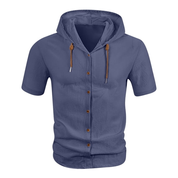 Ohufall Men's Short Sleeve Hooded Shirts Loose Fit Drawstring Button Down Shirts Lightweight Casual Tops