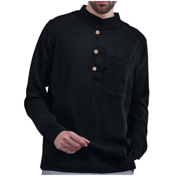 Ohufall Men's Summer Long Sleeve Shirts Fashion Lightweight Loose Button Stand Collar Tops with Pocket Plus Size Solid Casual Linen Shirts for Men