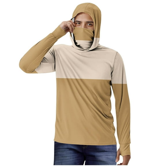 Ohufall Men's Sun Protection Hoodie Shirts with Mask Fashion Stripe Printed Long Sleeve UV Protection T-Shirts Lightweight Breathable Outdoor Fishing Shirts for Men
