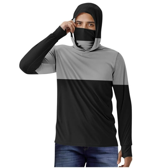 Ohufall Men's Sun Protection Hoodie Shirts with Mask Fashion Stripe Printed Long Sleeve UV Protection T-Shirts Lightweight Breathable Outdoor Fishing Shirts for Men