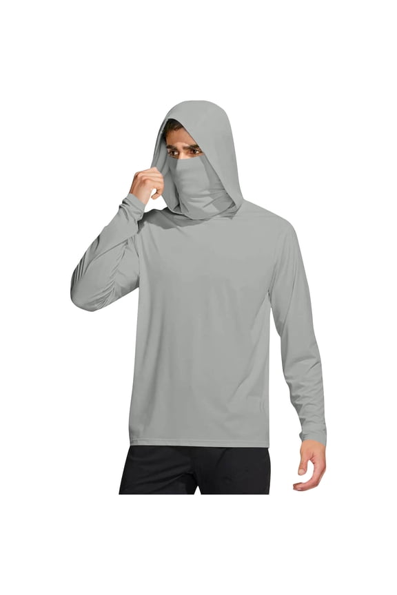 Men's Sunscreen Hoodies Plus Size Solid UPF 50+ UV Long Sleeve Fishing Shirt with Mask Summer Lightweight Breathable Rash Guard Outdoor Hiking Shirts for Men