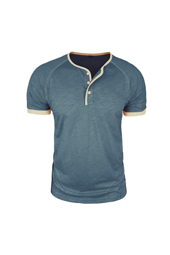 Men's Tee Shirts Button Crewneck Casual Short Sleeve T-shirts Patchwork Trendy Solid Tops