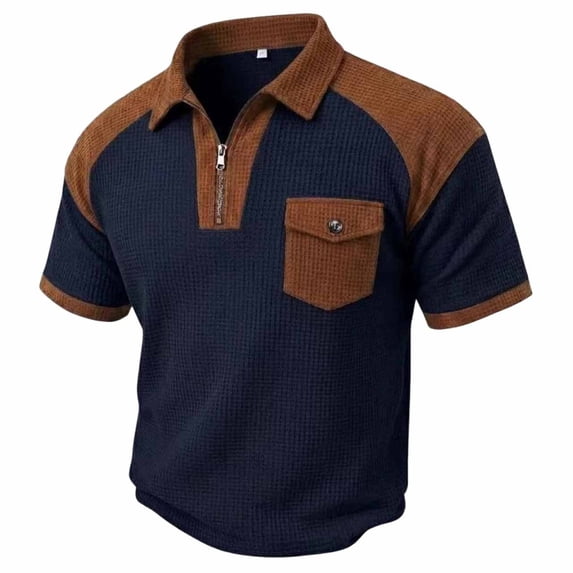 Ohufall Men's Tee Turndown Collar Zipper Pocket Color Block Tees Breathable Comfort Fashion Casual T Shirts