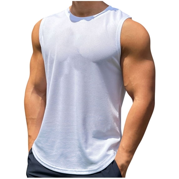 Ohufall Men's Workout Tank Tops Mesh Breathable Lightweight Athletic Tanks Plus Size Crew Neck Sleeveless Shirts