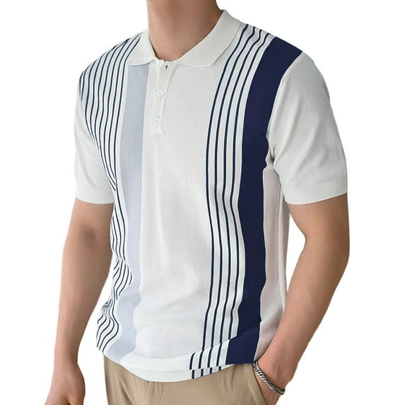 Ohufall Mens Business Casual Shirts Lightweight Button Turn-down Collar Pullover Shirts Short Sleeve Patchwork Stripes Tops