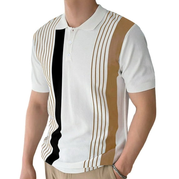 Ohufall Mens Business Casual Shirts Lightweight Button Turn-down Collar Pullover Shirts Short Sleeve Patchwork Stripes Tops