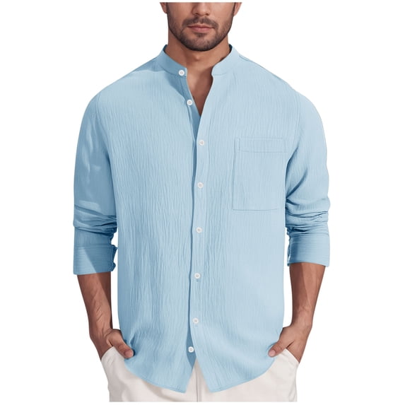 Ohufall Mens Button Down Shirts Summer Solid Casual Long Sleeve Stand Collar Top Plus Size Relaxed Fit Breathable Long-Sleeve T-Shirt with Pocket