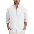 thumbnail image 1 of Ohufall Mens Button Down Shirts Summer Solid Casual Long Sleeve Stand Collar Top Plus Size Relaxed Fit Breathable Long-Sleeve T-Shirt with Pocket, 1 of 5