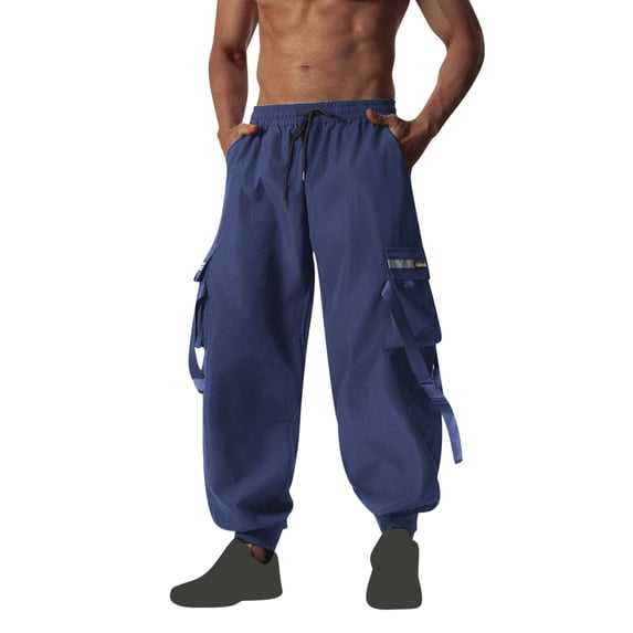Ohufall Mens Cargo Pants Solid Casual Drawstring Elastic Waist Jogging Harem Pants Lightweight Loose Fit Outdoor Hiking Camping Pants with Multi Pockets