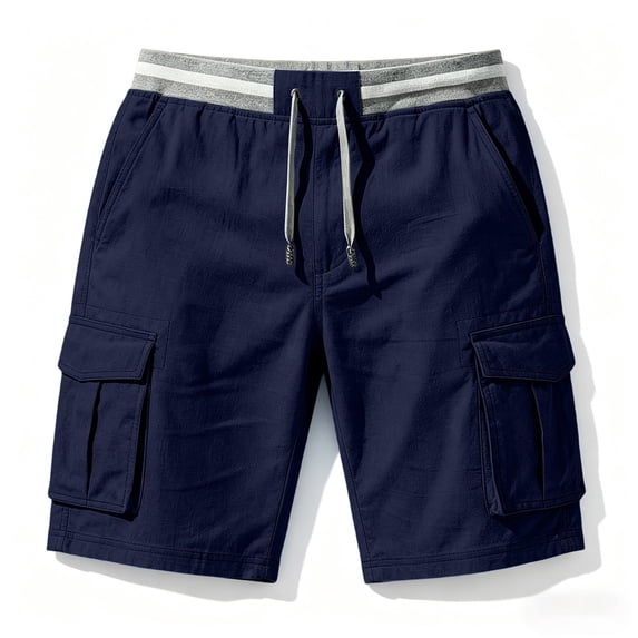 Ohufall Mens Cargo Shorts Solid Color Pockets Breathable Casual Shorts Holiday Outdoor Elastic Waist Drawstring Shorts