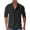 thumbnail image 1 of Ohufall Mens Cotton Linen Shirts Summer Solid Adjustable Long Sleeves Pocket Beach Shirt Fashionable Casual Pullover Button Stand-up Collar Tops for Men, 1 of 4