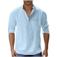 thumbnail image 1 of Ohufall Mens Cotton Linen Shirts Summer Solid Adjustable Long Sleeves Pocket Beach Shirt Fashionable Casual Pullover Button Stand-up Collar Tops for Men, 1 of 5