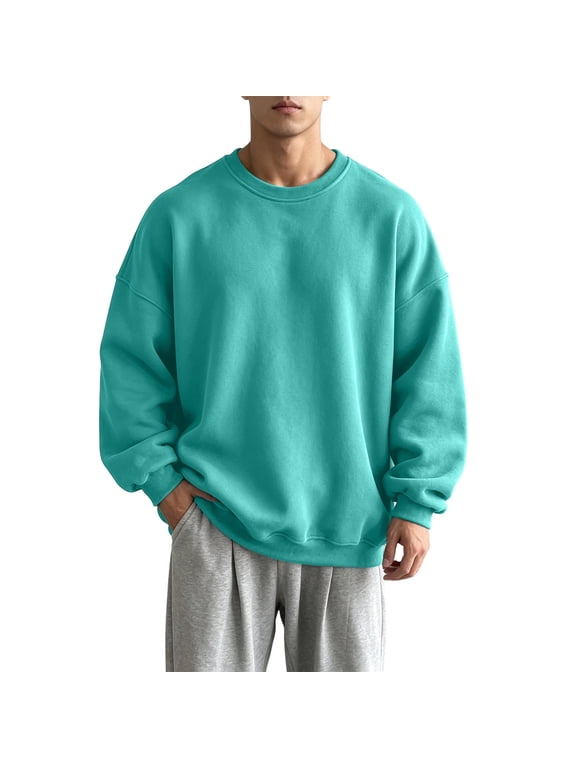 Mens Crewneck Sweatshirts Oversized Plain Fleece Lined Pullover Fall Stylish Loose Fit Daily Casual Sweatshirt