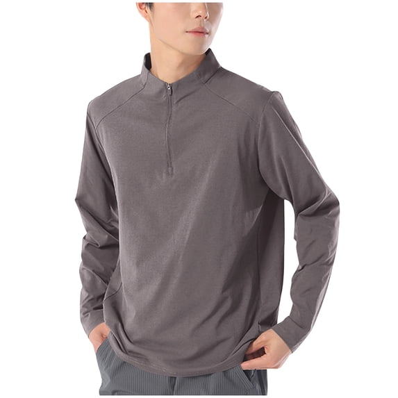 Ohufall Mens Gym Workout Shirts Plus Size Fashion Casual Long Sleeve Zipper Stand Collar Tops Solid Lightweight Breathable Outdoor Athletic Running Shirts for Men