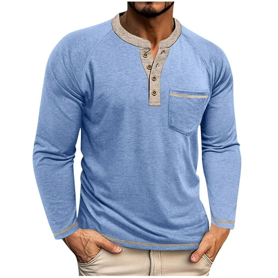 Ohufall Mens Long Sleeve Henley Shirts Fashion Color Blocking Button Crew Neck Tops Plus Size Loose Comfy Casual T-Shirts with Pocket