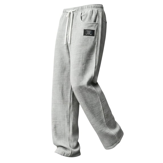Ohufall Mens Pants Cotton Linen Straight Leg Elastic Drawstring Waist Pant Solid Color Breathable Holiday Beach Pants