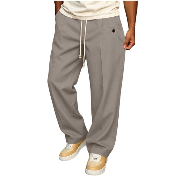 Ohufall Mens Pants Solid Color Loose Comfort Elastic Waist Pants Button Pocket Fashion Casual Full Length Pants