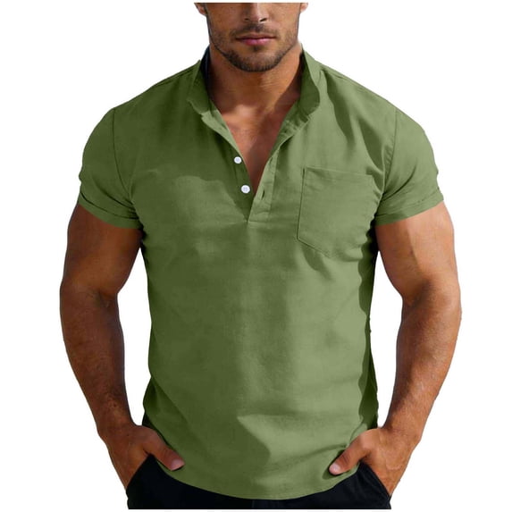 Ohufall Mens Plus Size Shirts Button Stand Collar Pullover Tee Shirts Short Sleeve Loose Solid Tops
