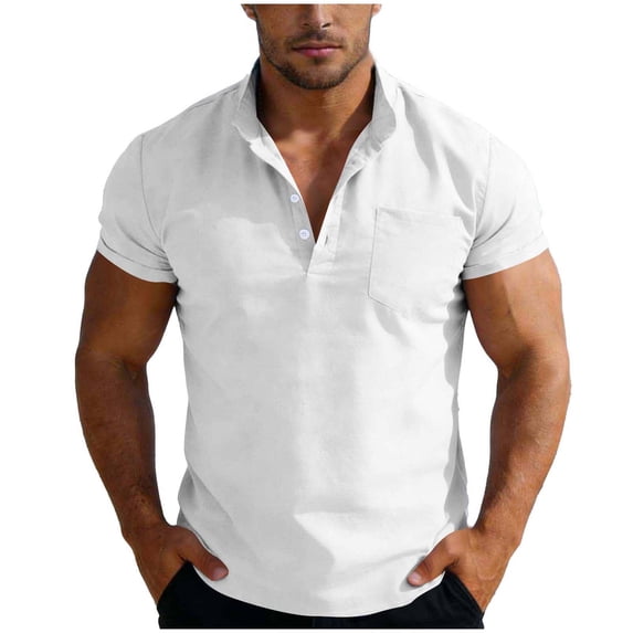 Ohufall Mens Plus Size Shirts Button Stand Collar Pullover Tee Shirts Short Sleeve Loose Solid Tops