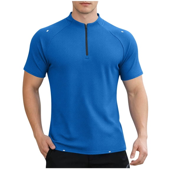 Ohufall Mens Sport T Shirts Zipper Crew Neck Fitness Tee Short Sleeved Training Workout T-shirts