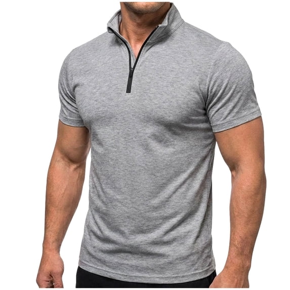 Ohufall Mens Sport T-shirts Zipper Turndown Collar Tee Breathable Short Sleeve Solid T Shirts