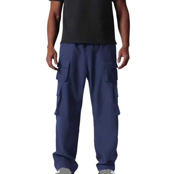Ohufall Mens Workwear Pants Solid Casual Elastic Waist Drawstring Cargo Pants Loose Fit Comfy Straight Leg Jogger Pants with Multi Pockets