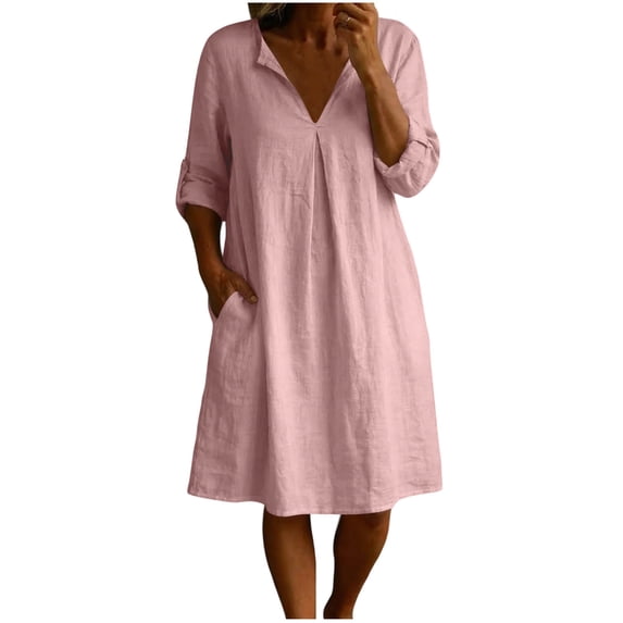 Ohufall Midi Dress for Women V Neck Long Sleeve Solid Color Dresses Comfort Pleated Lightweight Dress