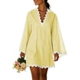 thumbnail image 1 of Ohufall Mini Dress for Women Wavy-hem Striped Long Sleeve Dress V Neck Lightweight Summer Casual Dresses, 1 of 7