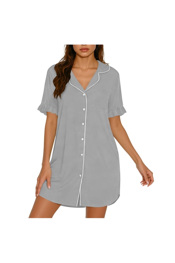 Nightgowns for Women Lapel Button up Night Shirts Basic Plus Size Solid Night Dress Nightgowns