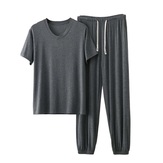 Ohufall Outfits for Men 2 Piece Modal Lounge Short-Sleeve Top and Casual Spring Summer Drawstring Long Pants Set