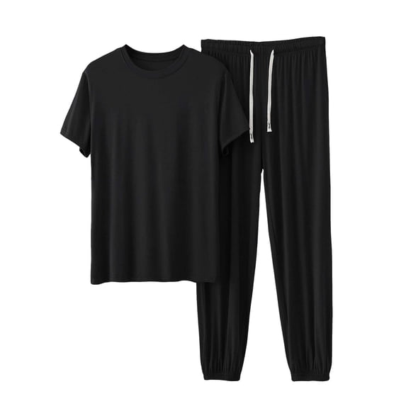 Ohufall Outfits for Men 2 Piece Modal Lounge Short-Sleeve Top and Casual Spring Summer Drawstring Long Pants Set